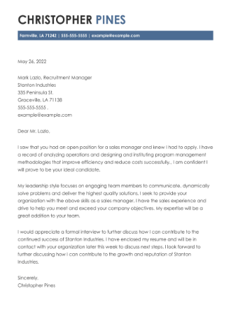 Cover letter example for a Sales Manager job application.
