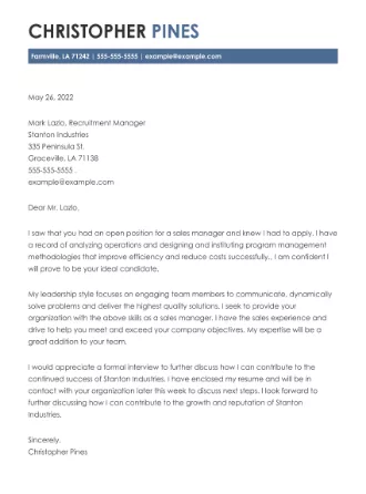 Cover letter example for a Sales Manager job application.