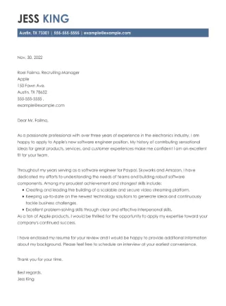 Cover letter example for a Software Engineer job application.