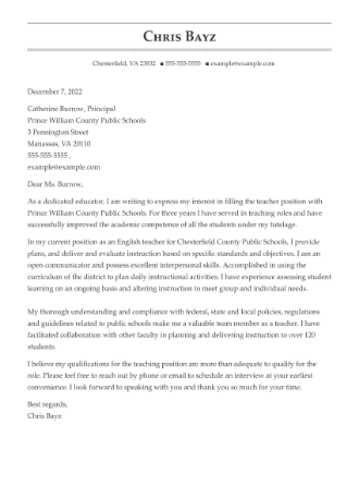 Cover letter example for a Teacher position.