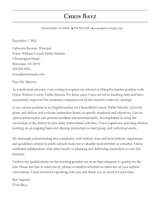Cover letter example for a Teacher position.