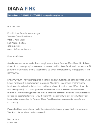 Cover letter example for a Volunteer positoin application.