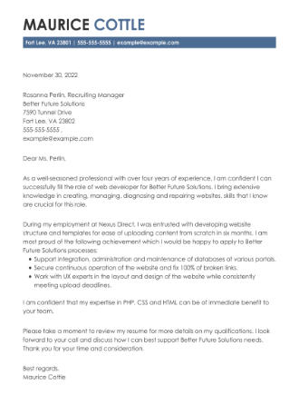 Cover letter example for a Web Developer job application.