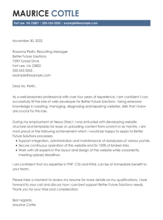 Cover letter example for a Web Developer job application.