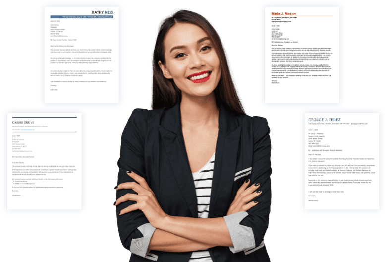 Four cover letter examples graphics surrounding a smiling woman with crossed arms.