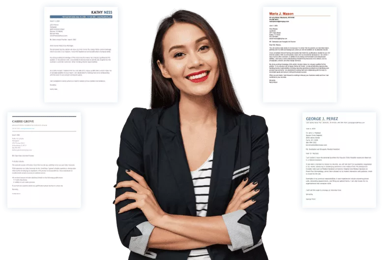 Four cover letter examples graphics surrounding a smiling woman with crossed arms.
