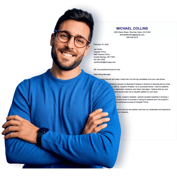 Man blue shirt next to large cover letter template graphic.