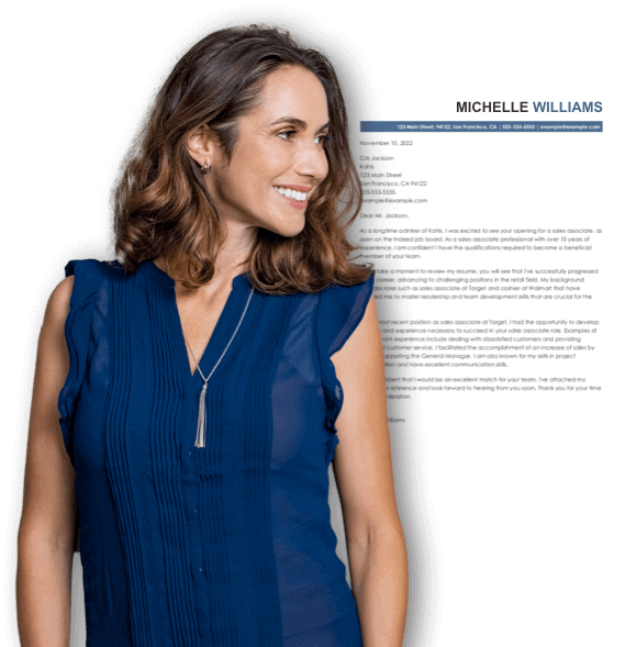 Smiling woman standing next to graphic of cover letter template.
