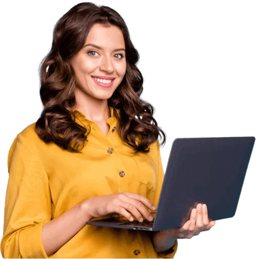 Woman in orange shirt exploring cover letter templates on laptop.