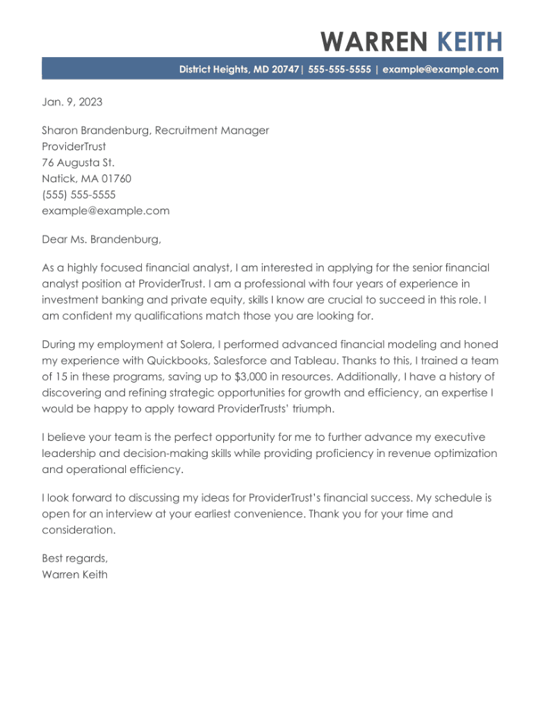Finance Cover Letter Example