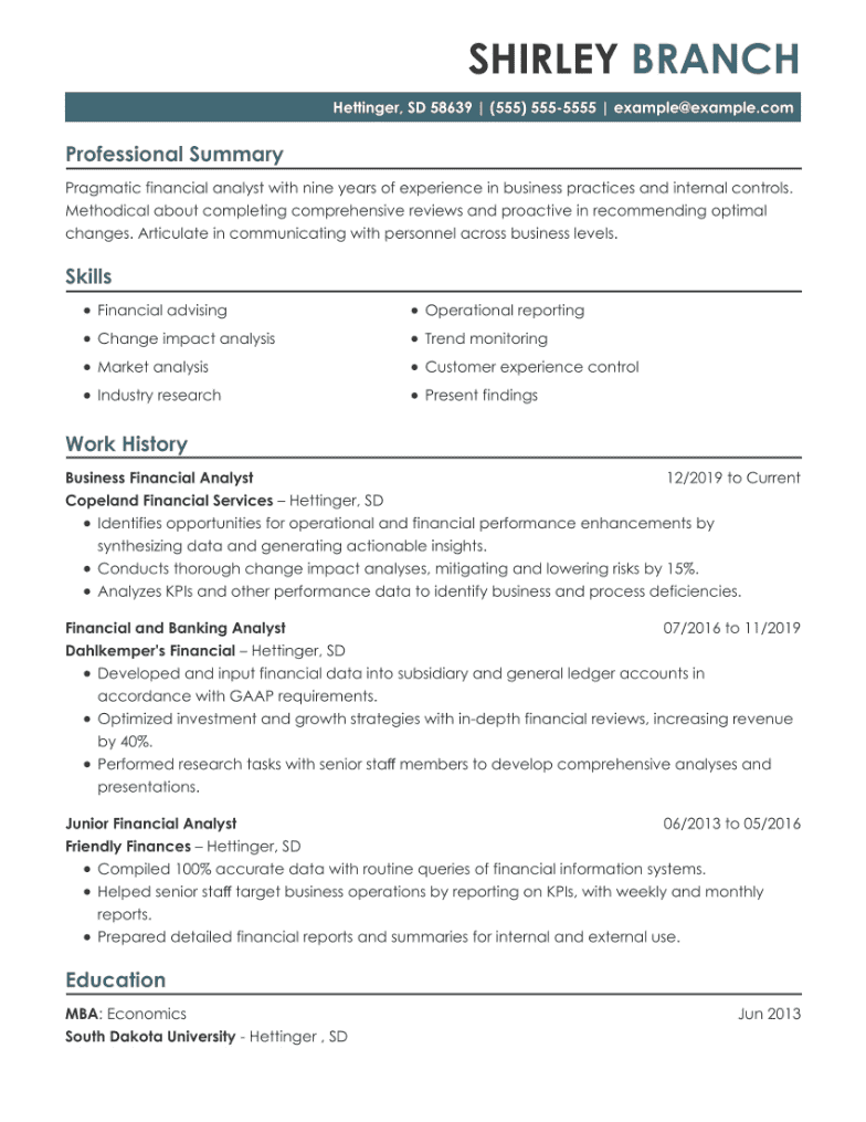 Financial analyst resume example
