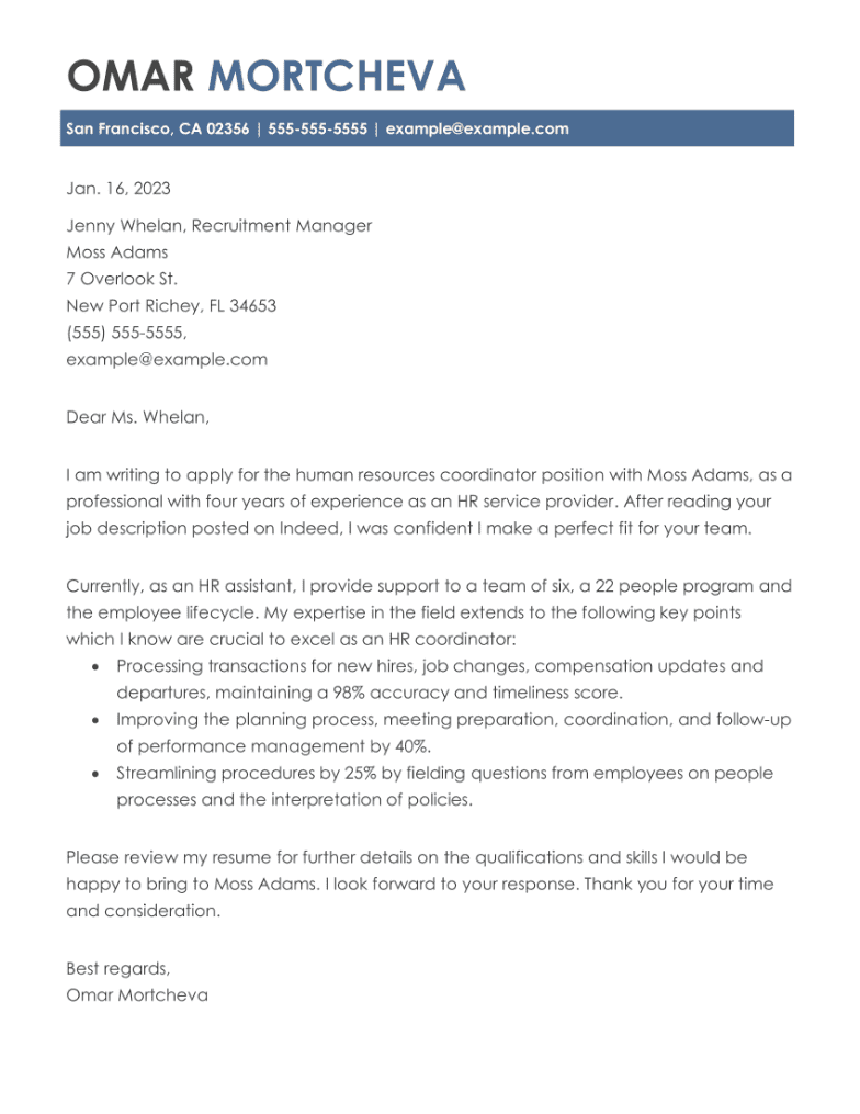 cover letter for a human resources manager position