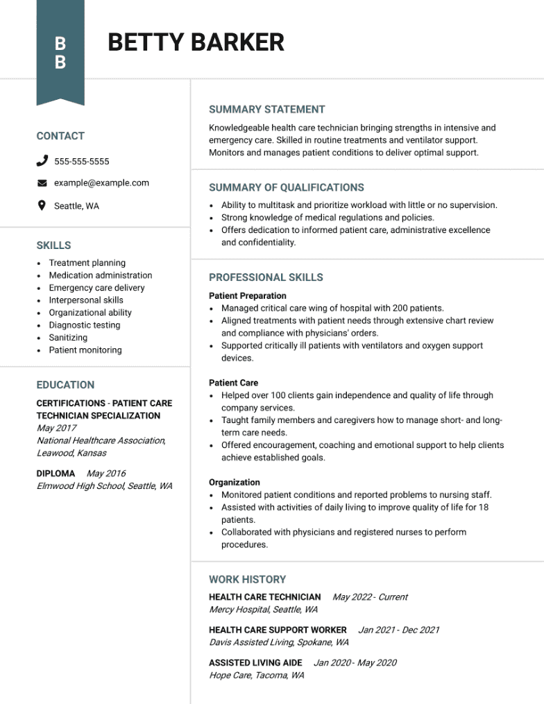 Healthcare resume example