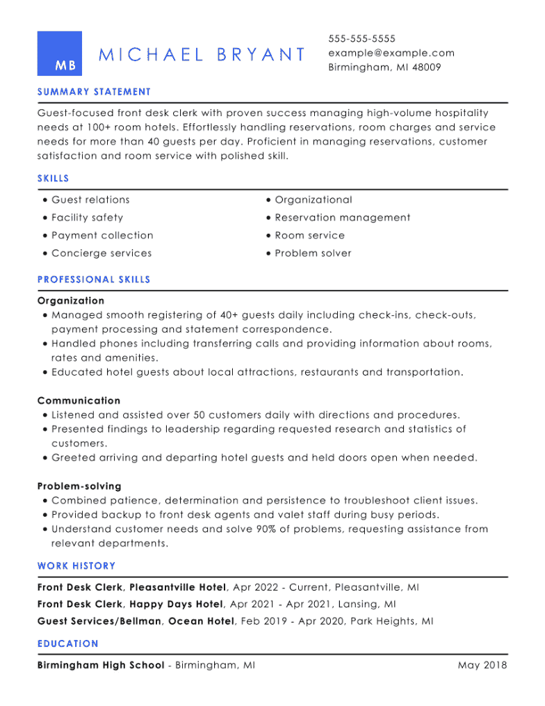 functional resume for hospitality