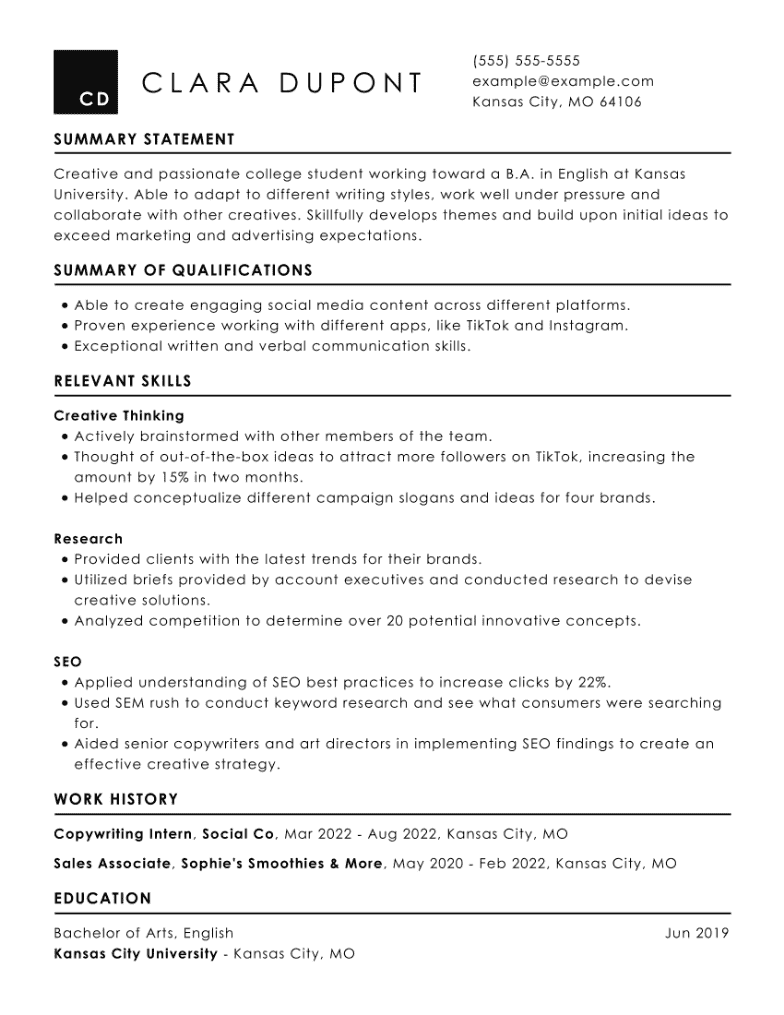 resume summary examples for internship