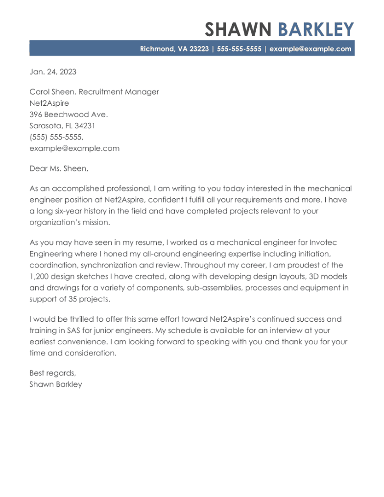 Mechanical Engineer Cover Letter Example