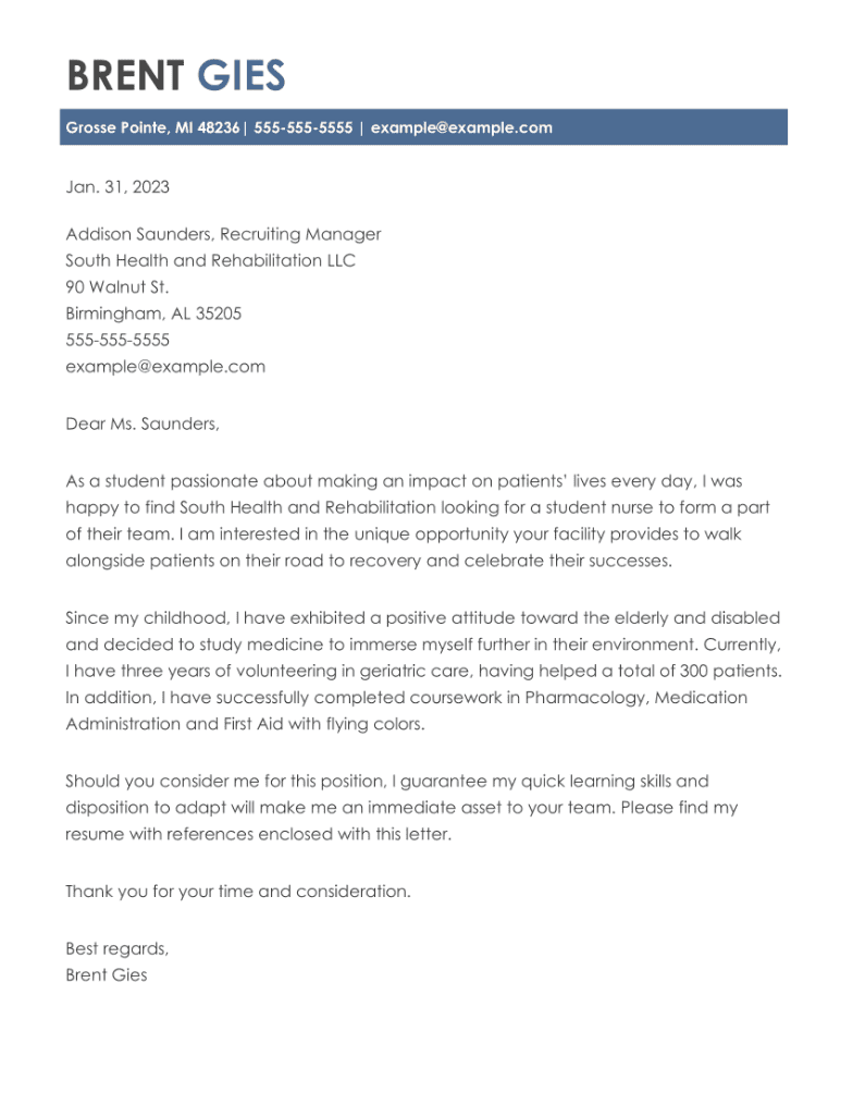 Nursing Student Cover Letter Example
