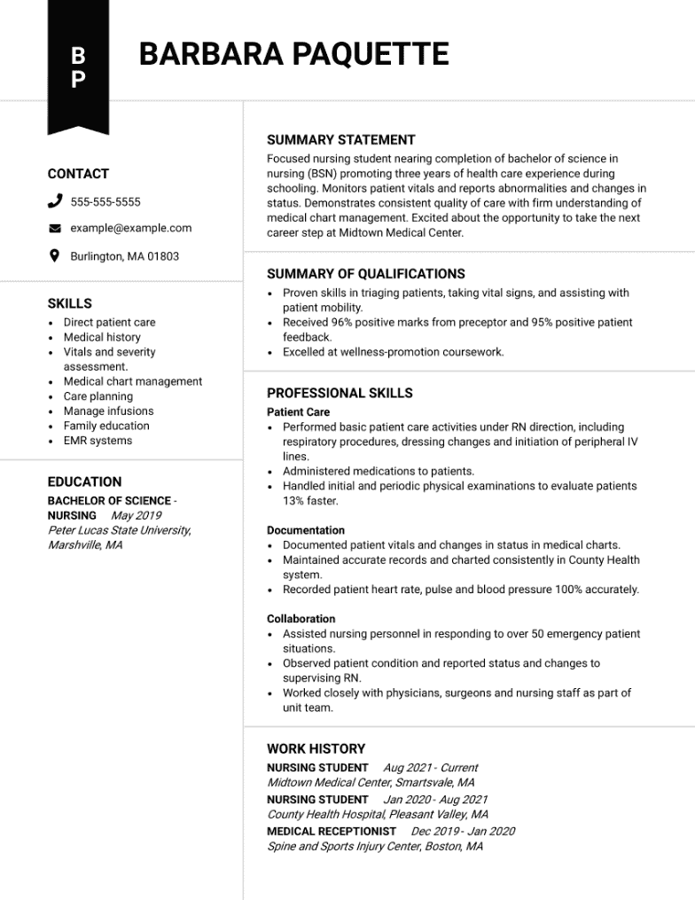 sample resume for nursing school application