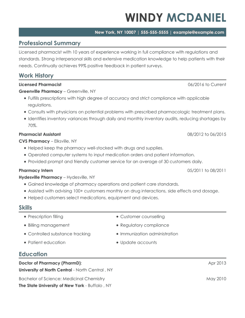 Pharmacist Resume Example