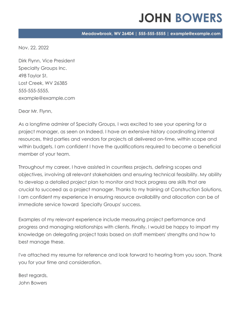 cover letter template project manager