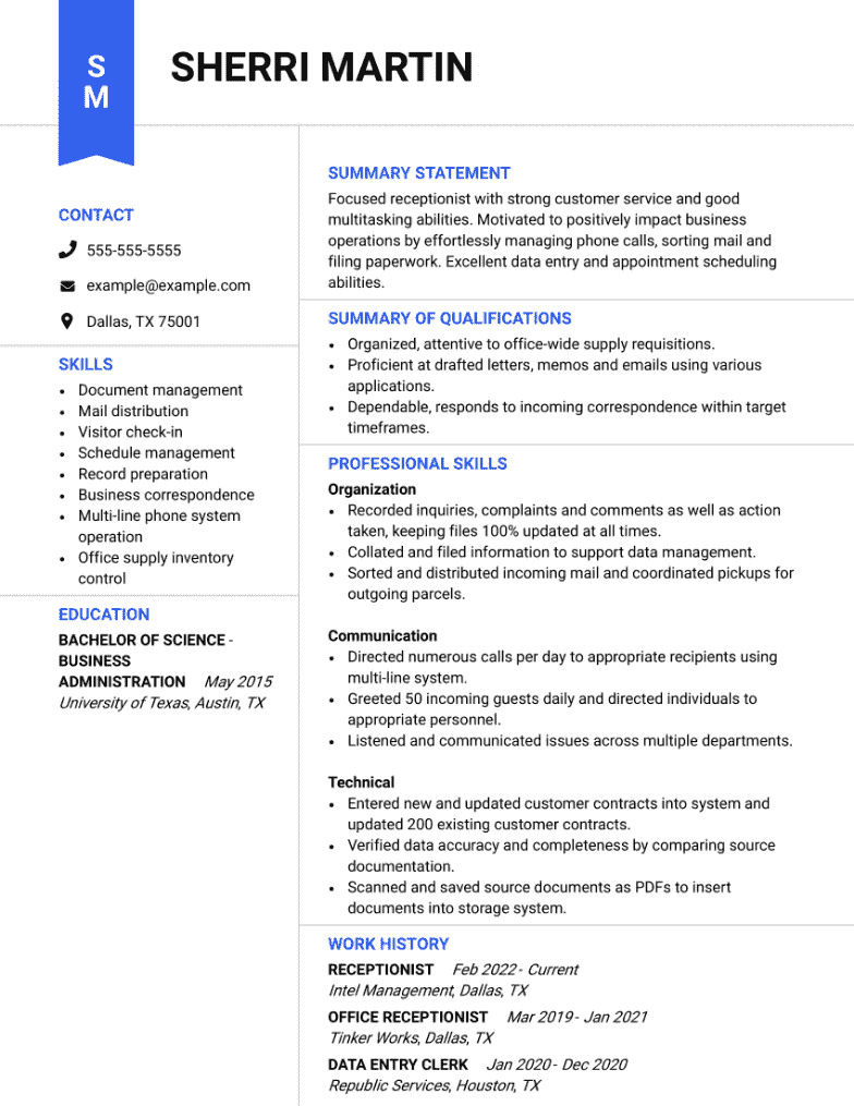 resume examples receptionist