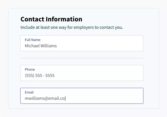Resume builder example of how to add your contact information.
