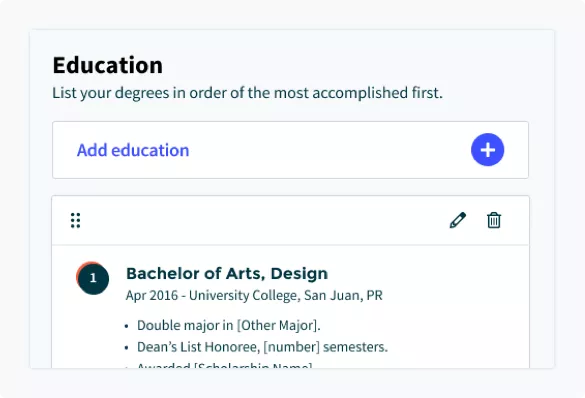 Resume builder example: how to add your education information.
