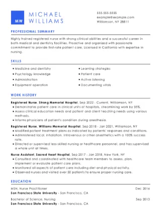 Classic resume builder Kingfish template with blue square in top left corner.