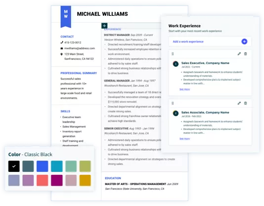 Resume Builder example featuring work experience section and color choices.