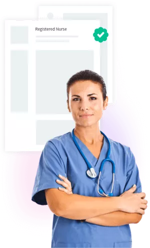 Nurse in scrubs next to large resume builder example documents.