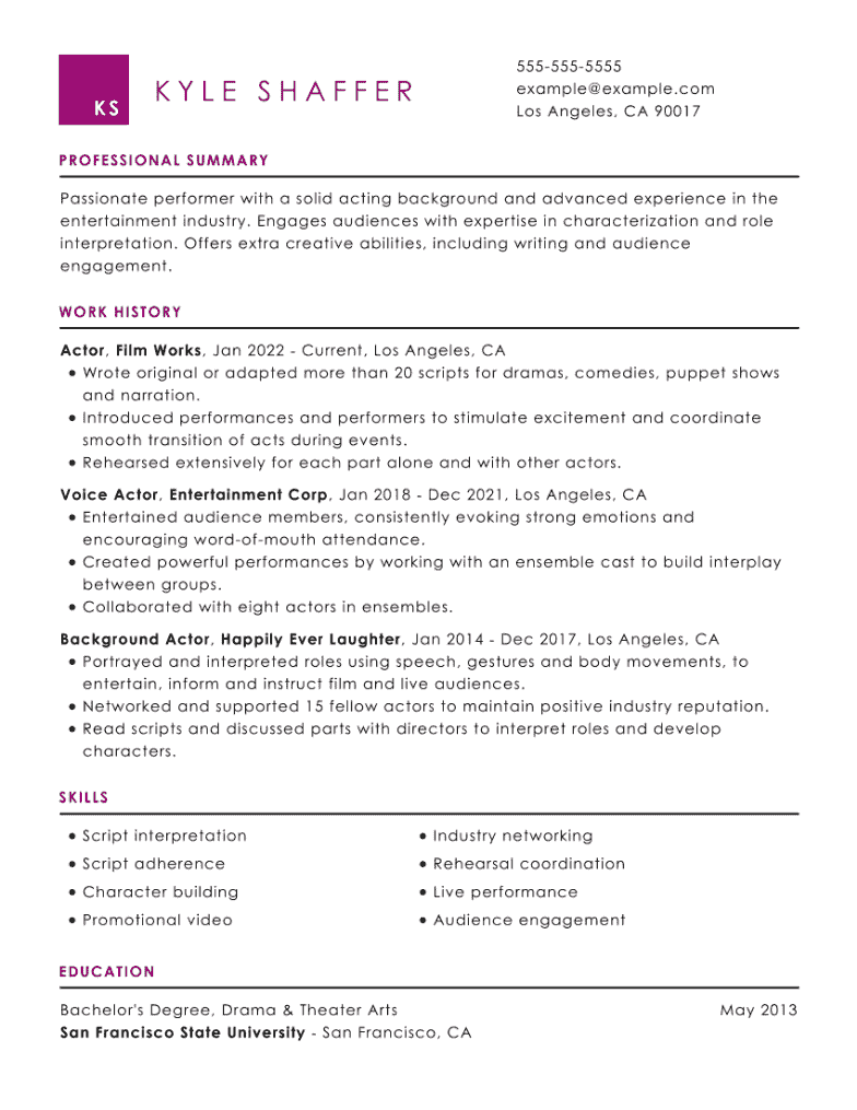 Acting CV example using Kingfish template.