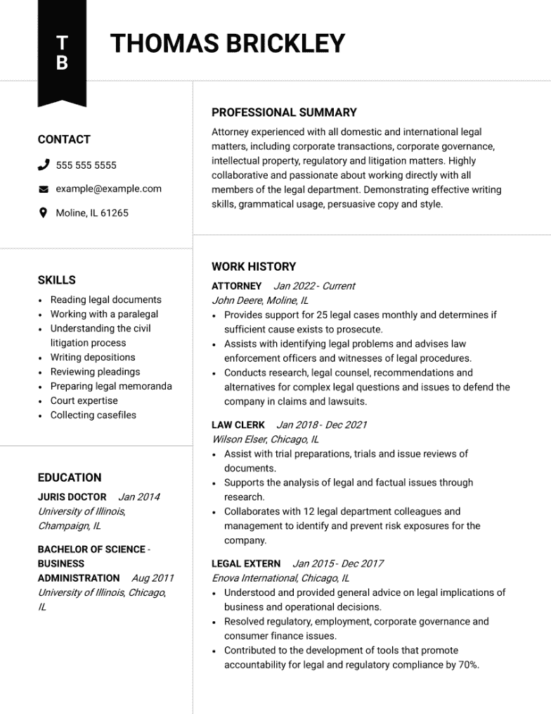 Attorney CV example using the Blueprint template.