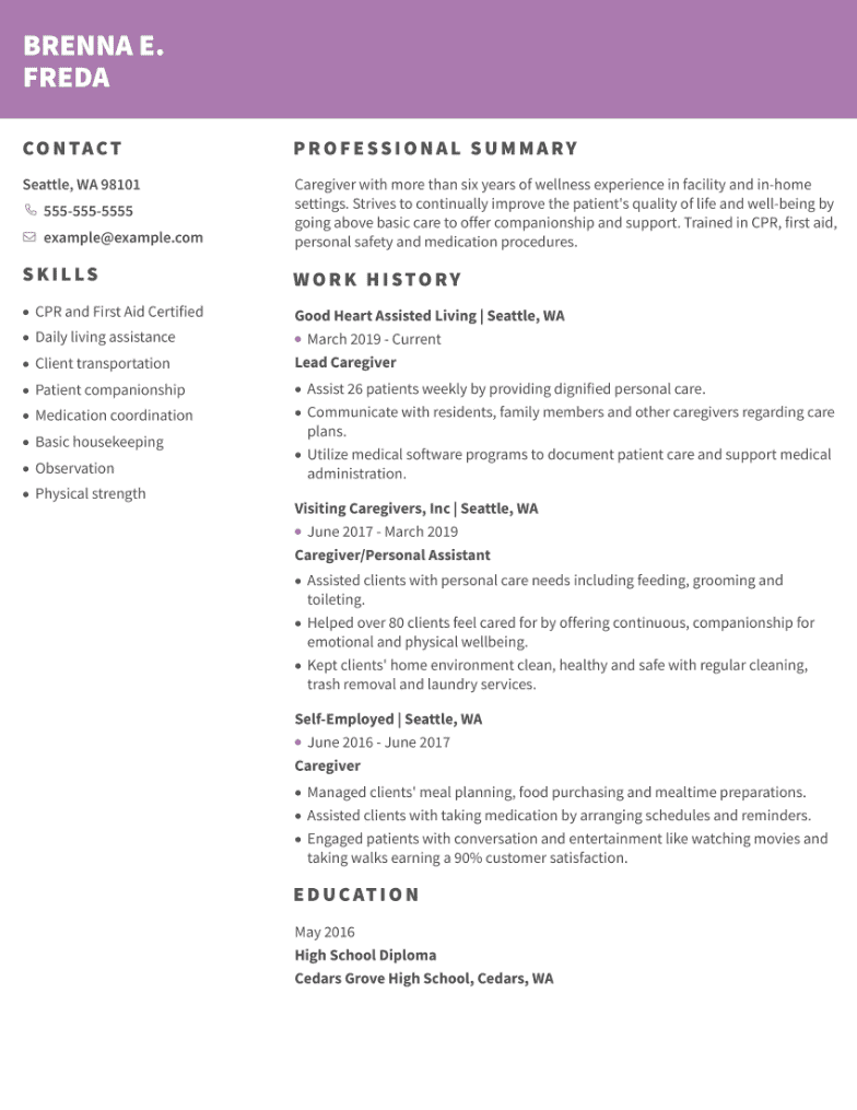 Caregiver CV with color top border.