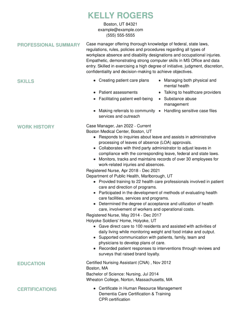 Case Manager CV example.