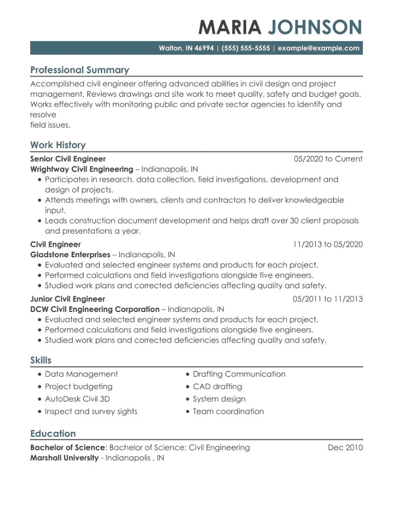 Civil Engineer CV example using the Empire template.