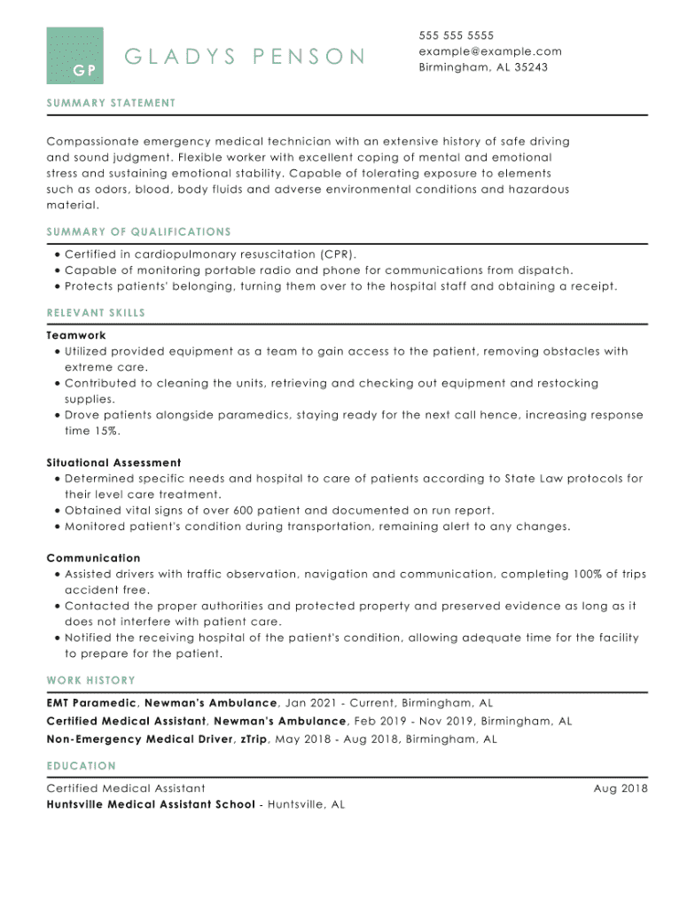 EMT CV example using the Kingfish template.