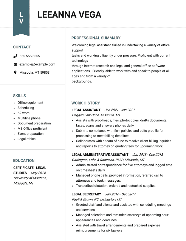 Legal Assistant resume example using the Blueprint template.