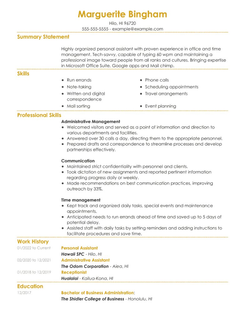 Personal Assistant CV example using the Cinematic template.
