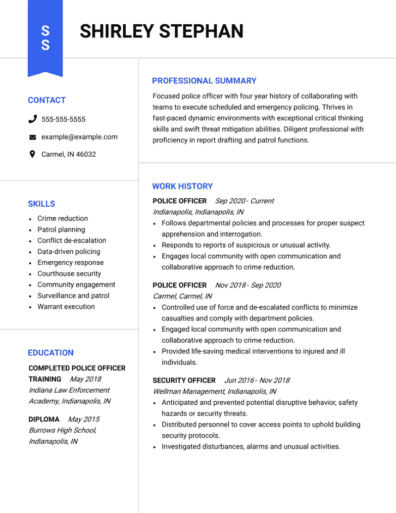 Police Officer CV example using the Blueprint template.
