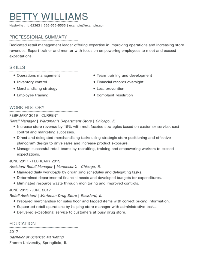 Retail Manager CV example using the Angora template.