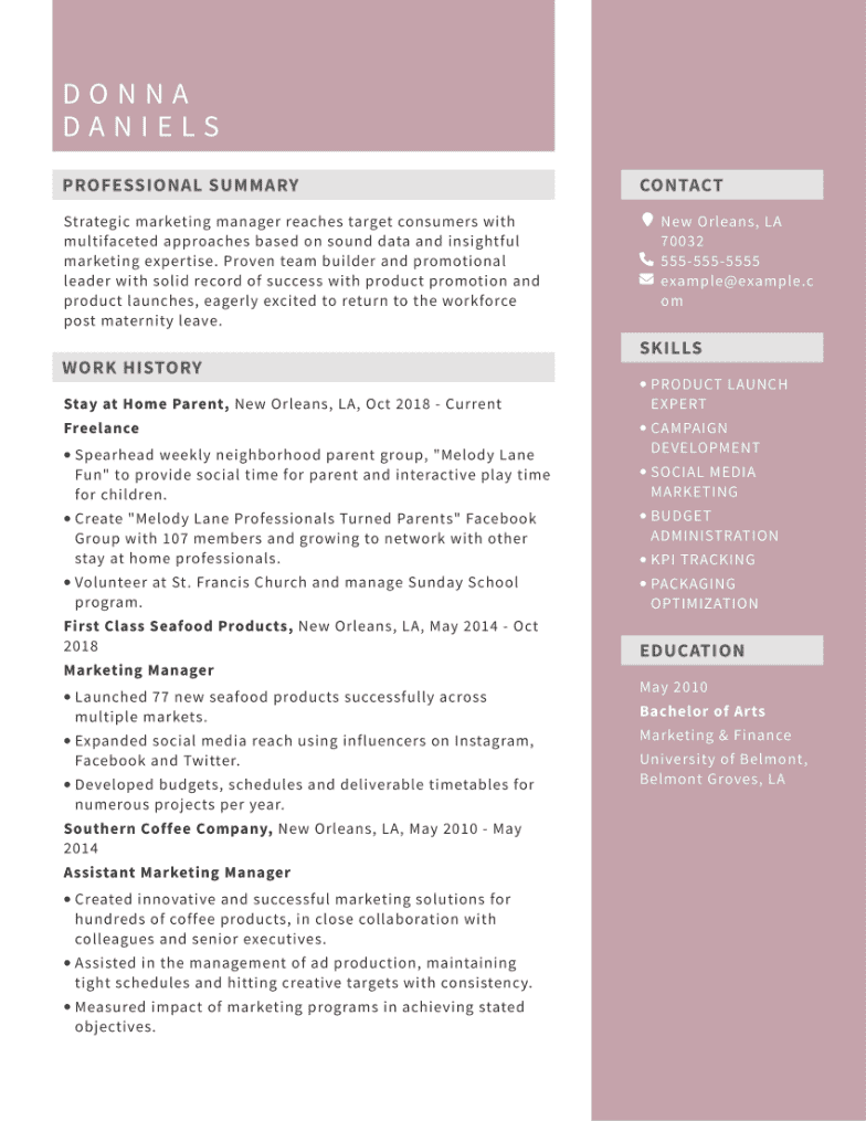 Stay at home mom resume example