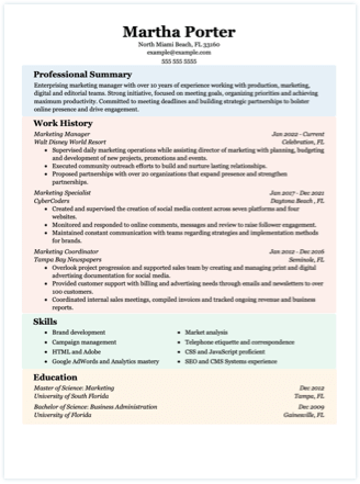 Chronological resume formats example with color sections.