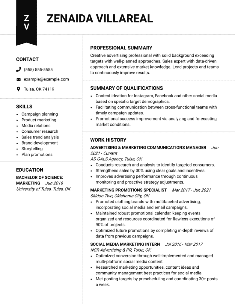 Combination Resume formats example.