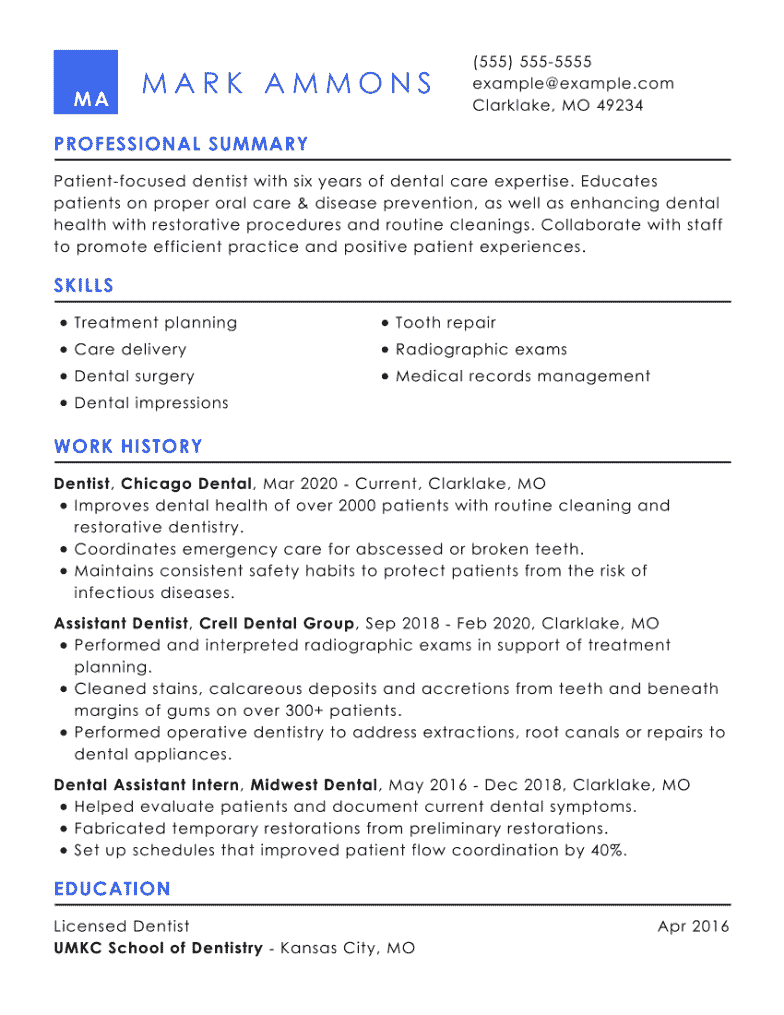 Dentist Resume formats example.