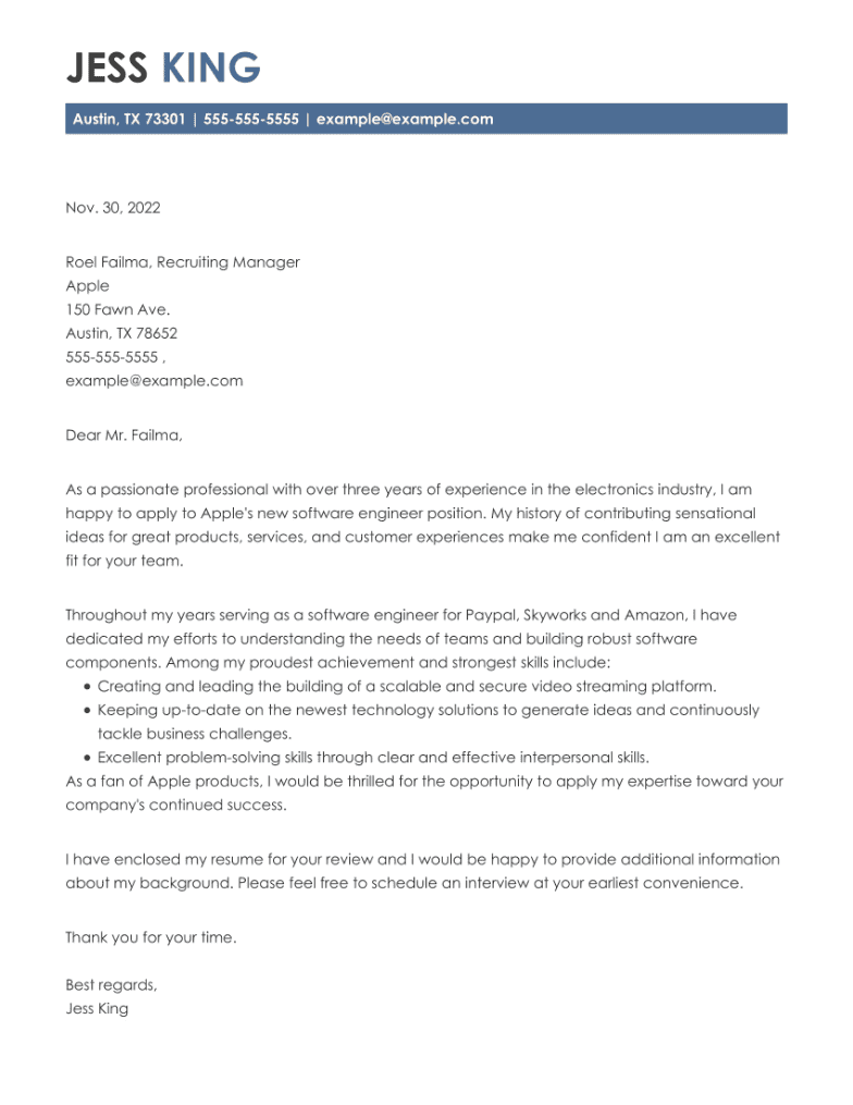 Software engineer cover letter example with blue color bar under applicant name in header.