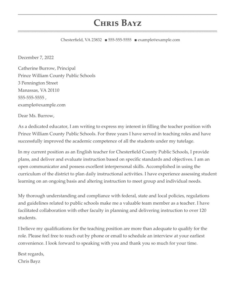 Teacher Cover Letter Example