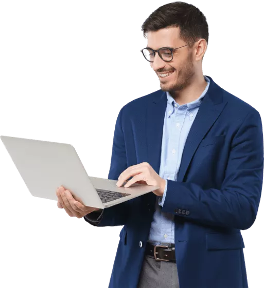 Guy in blue shirt using ResumeHelp's resume builder.