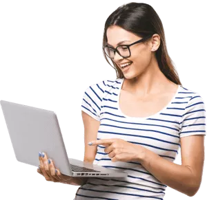 Woman with laptop using resume builder