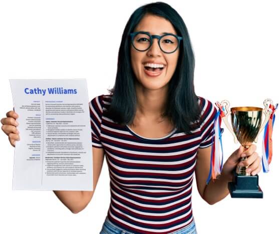 Excited woman holding a CV example and a trophy.
