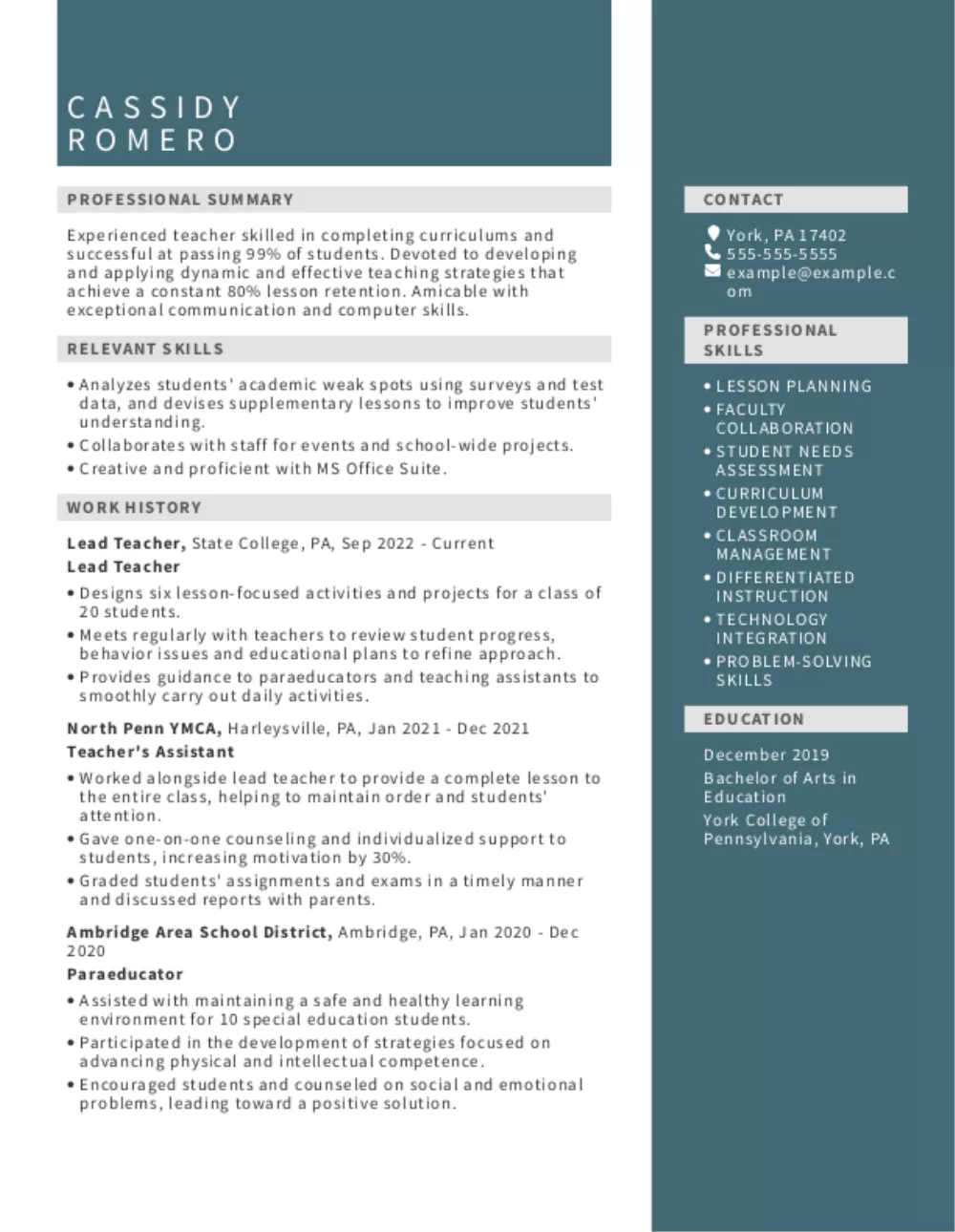 Teacher Combination Resume